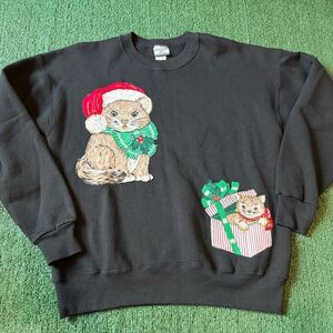 Vintage 90s Festive Cat Christmas Sweatshirt Crewneck funny Santa Hat - XL
